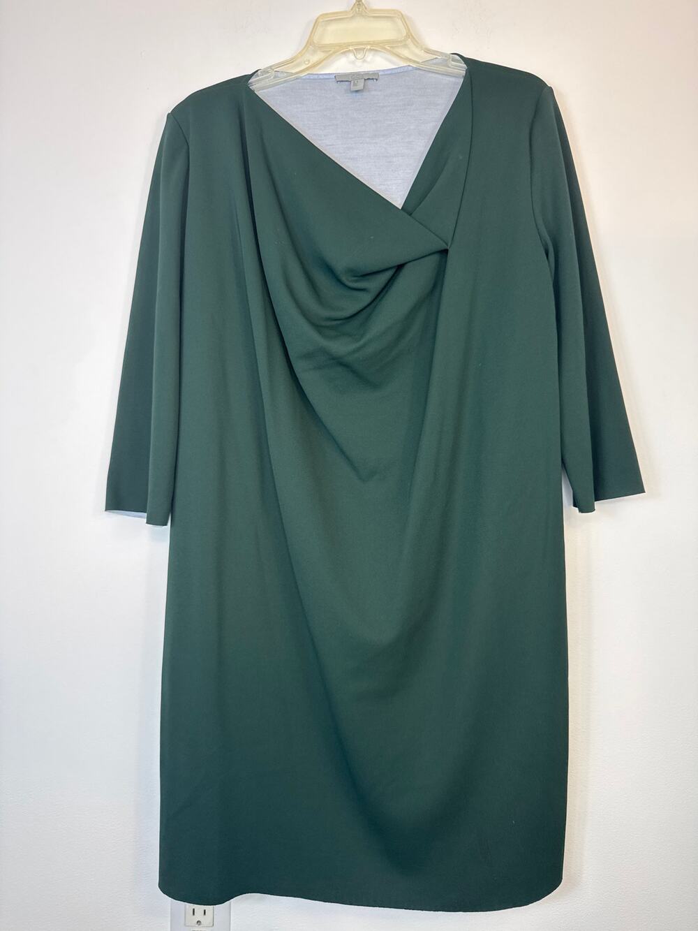 COS Dark Green Draped Shift Dress 3/4 Sleeve Raw Edge Minimalist Size Medium